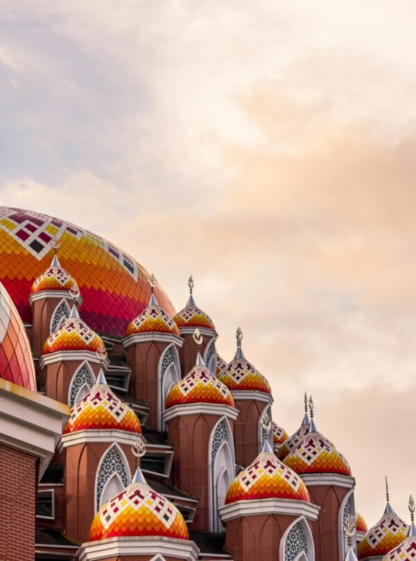 A stunning view of the unique 99 Domes Mosque at sunset in Makassar, Indonesia.