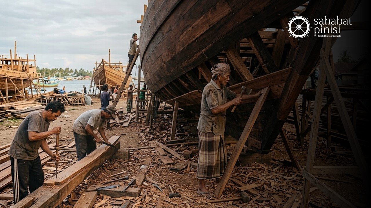 Sejarah Pembuatan Kapal Pinisi Bugis Proses pembuatan kapal pinisi tradisional Bugis di galangan kayu