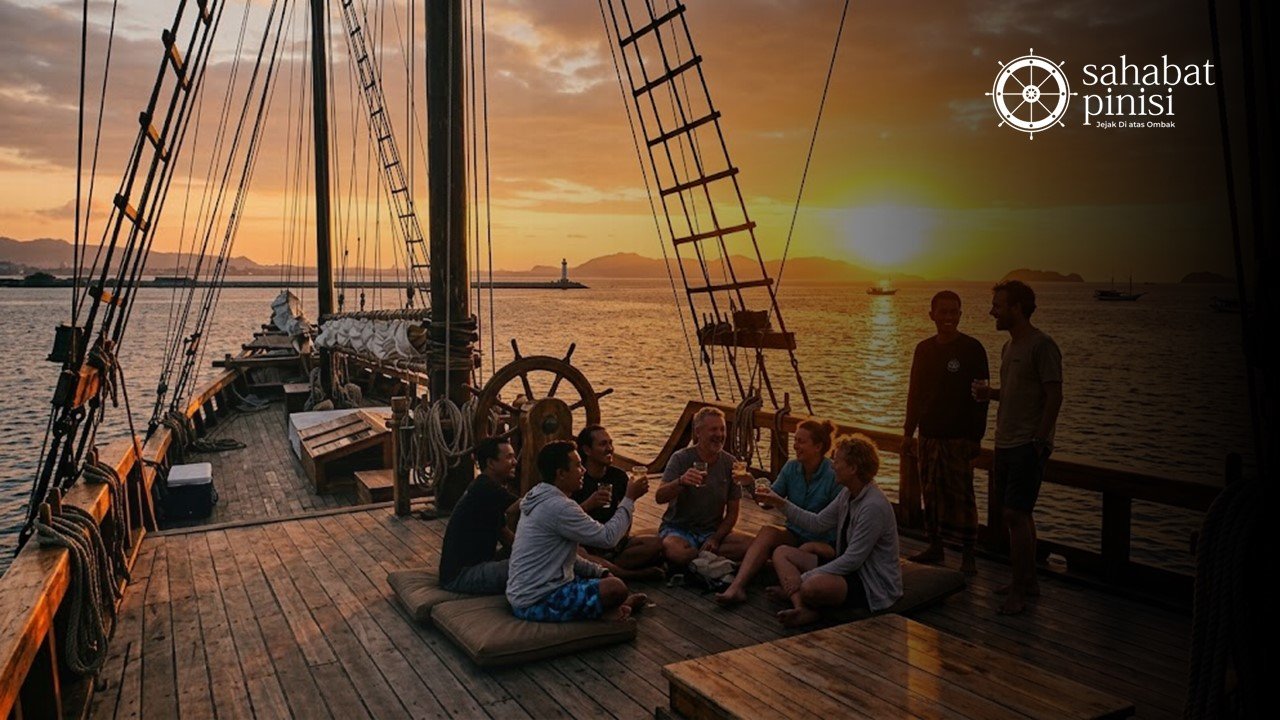 Pengalaman Sailing Kapal Pinisi Makassar Wisatawan menikmati sailing sunset naik kapal pinisi Makassar