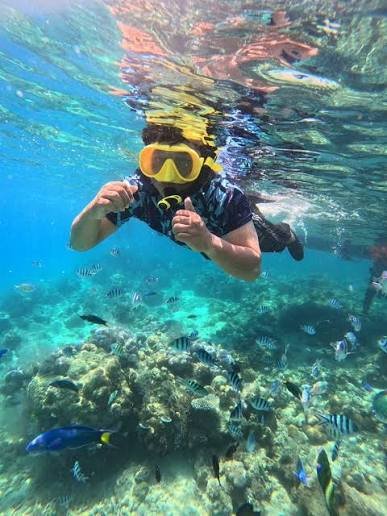 Wisatawan snorkeling di atas terumbu karang dengan banyak ikan di Pulau Samalona